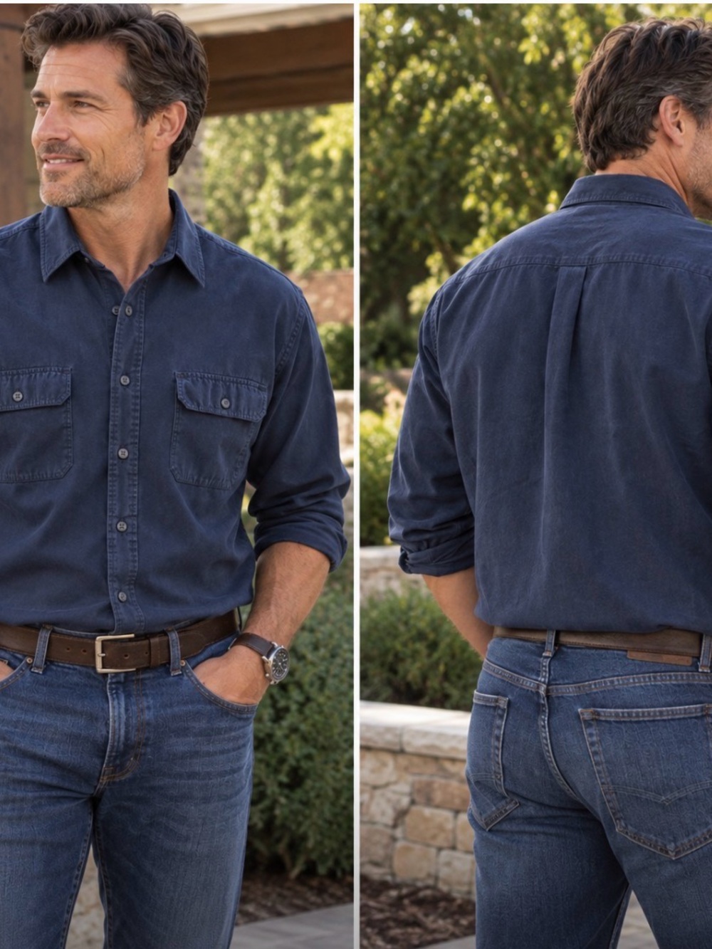 Montage Collection Men’s Large Navy Blue Button Up Shirt Long Sleeve 2 Pocket